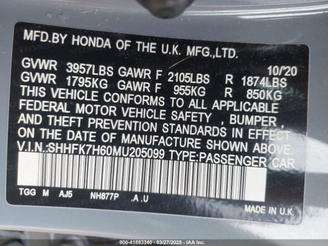 SHHFK7H60MU205099 Honda CIVIC EX