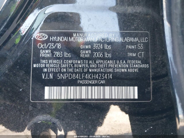 5NPD84LF4KH423414 Hyundai Elantra Value Edition