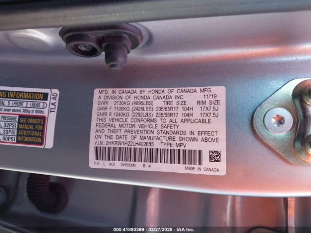 2HKRW1H22LH402885 Honda Cr-v 2wd Lx