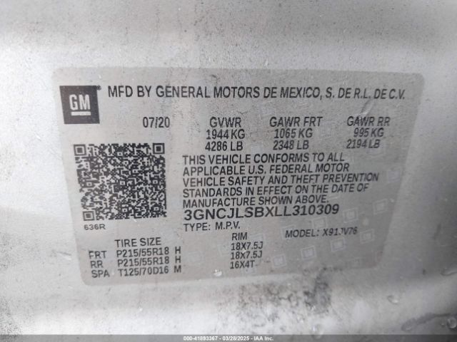 3GNCJLSBXLL310309 Chevrolet Trax Fwd Lt