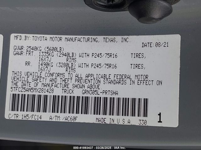 5TFCZ5AN5MX281428 Toyota Tacoma Sr5 V6
