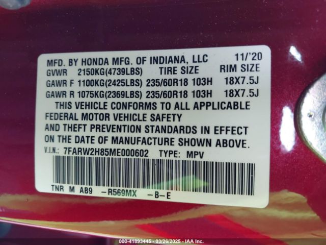 7FARW2H85ME000602 Honda Cr-v Awd Ex-l
