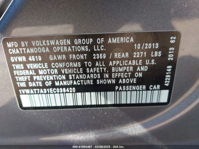 1VWAT7A31EC038420 Volkswagen Passat 1.8t Wolfsburg Edition