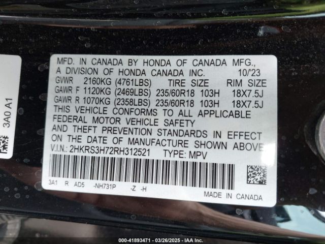 2HKRS3H72RH312521 Honda Cr-v Ex-l 2wd