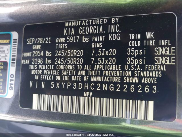 5XYP3DHC2NG226263 KIA Telluride Ex
