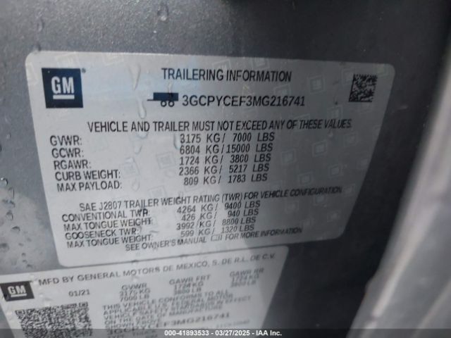 3GCPYCEF3MG216741 Chevrolet Silverado 1500 4wd  Short Bed Custom Trail Boss