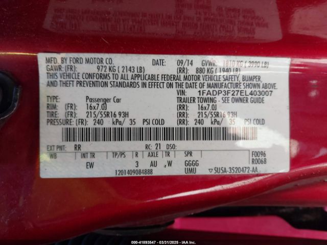 1FADP3F27EL403007 Ford FOCUS SE
