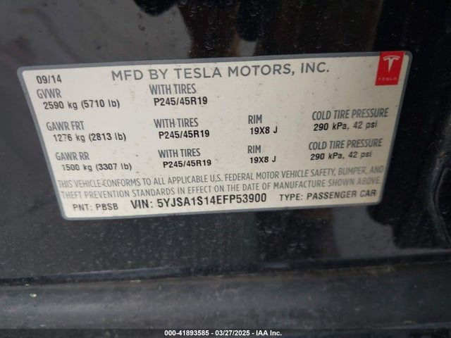 2014 TESLA MODEL S 5YJSA1S14EFP53900 Photo 8