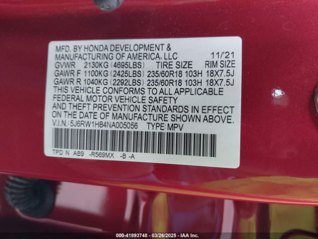 5J6RW1H84NA005056 Honda Cr-v 2wd Ex-l