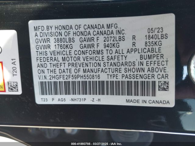 2HGFE2F59PH550816 Honda Civic Sport