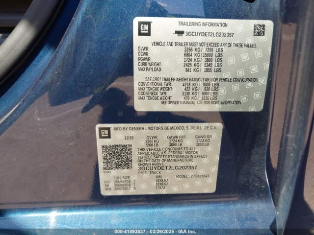 3GCUYDET2LG202357 Chevrolet Silverado 1500 4wd  Short Bed Lt