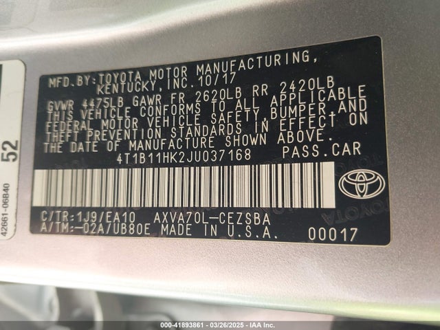 4T1B11HK2JU037168 Toyota CAMRY SE