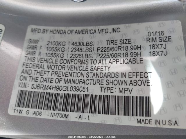 5J6RM4H90GL039051 Honda Cr-v Touring