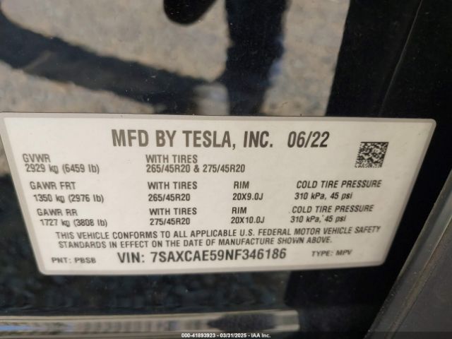 7SAXCAE59NF346186 Tesla Model X Dual Motor All-wheel Drive