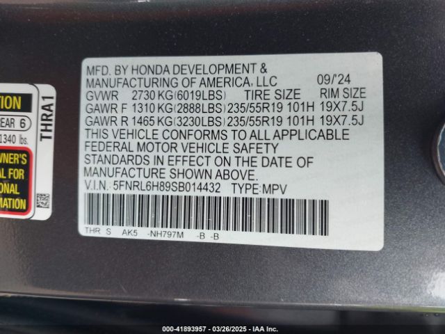 5FNRL6H89SB014432 Honda Odyssey Touring