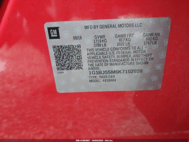 1G1BJ5SM6K7102909 Chevrolet Cruze Cvt (fleet Orders Only)