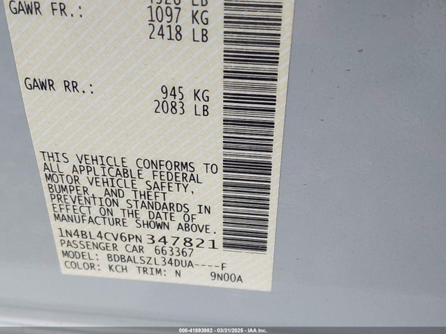 1N4BL4CV6PN347821 Nissan Altima Sr Fwd