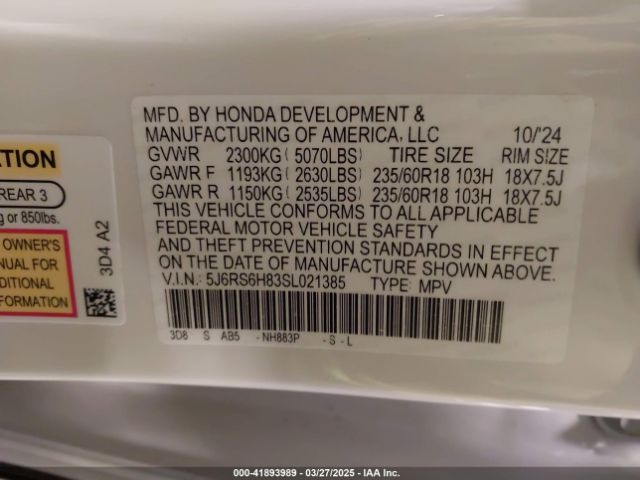 5J6RS6H83SL021385 Honda Cr-v Hybrid Sport-l