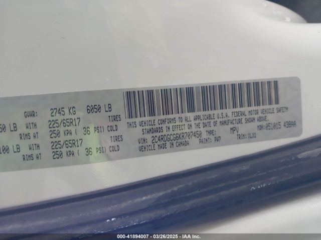 2C4RDGCG6KR707450 Dodge Grand Caravan Sxt