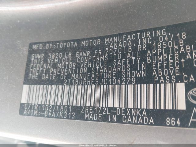2T1BURHE5JC104279 Toyota COROLLA LE