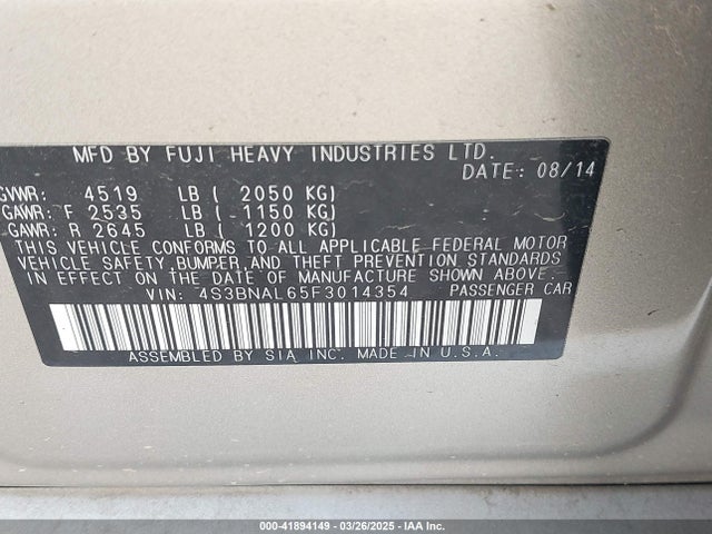 4S3BNAL65F3014354 Subaru Legacy 2.5i Limited