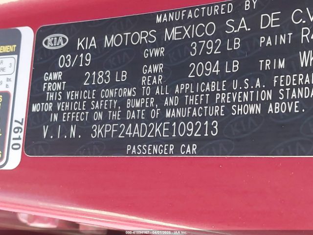 3KPF24AD2KE109213 KIA Forte Lxs