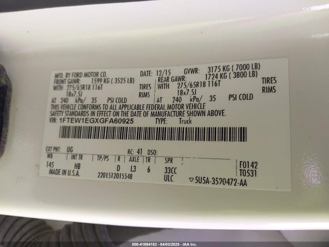 1FTEW1EGXGFA60925 Ford F-150 Lariat