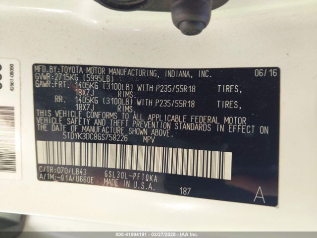 5TDYK3DC8GS758226 Toyota Sienna Limited Premium 7 Passenger