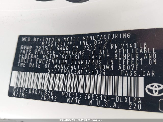 Toyota COROLLA LE 2021 5YFEPMAE5MP224024 Image 9