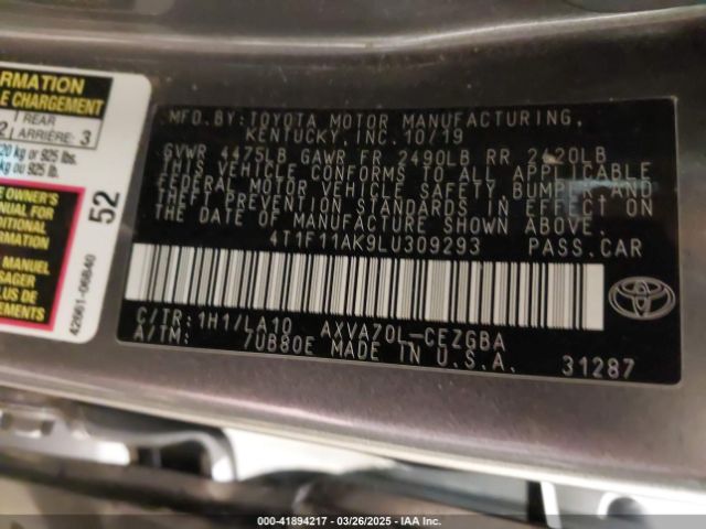 4T1F11AK9LU309293 Toyota CAMRY XLE