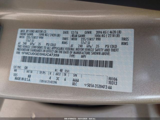 1FMCU0GD3HUC47359 Ford ESCAPE SE
