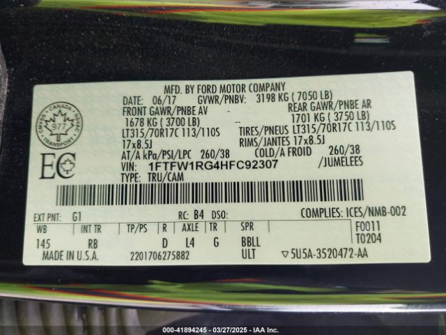 1FTFW1RG4HFC92307 Ford F-150 Raptor
