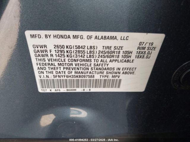 5FNYF6H35KB097588 Honda Pilot Ex