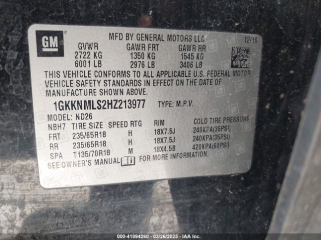 1GKKNMLS2HZ213977 GMC Acadia Slt-1