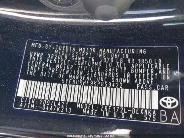 5YFBURHE9KP859422 Toyota Corolla Xle