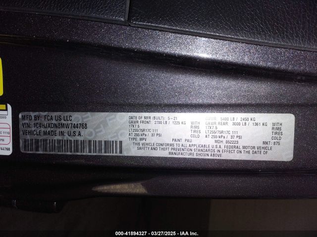 2021 JEEP WRANGLER UNLIMITED 1C4HJXDN8MW744768 Photo 8