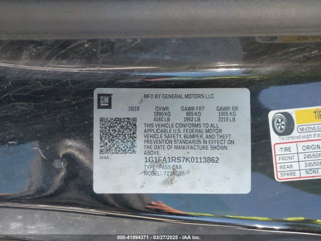 1G1FA1RS7K0113862 Chevrolet Camaro 1lt