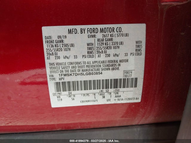 1FMSK7DH5LGB03854 Ford EXPLORER XLT