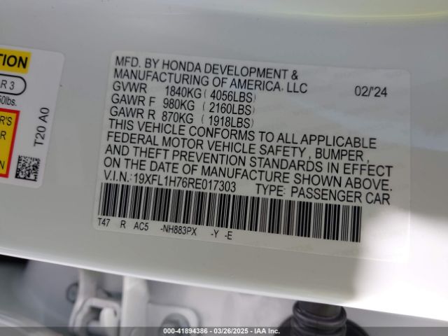 19XFL1H76RE017303 Honda Civic Ex-l