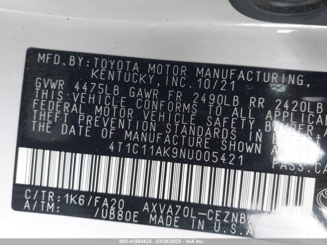 4T1C11AK9NU005421 Toyota CAMRY LE