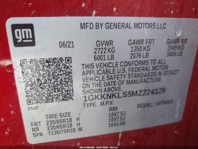 1GKKNKLS5MZ224129 GMC Acadia Fwd Sle
