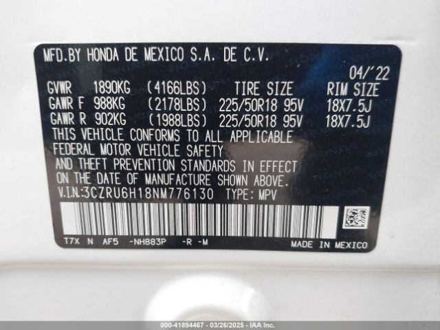 3CZRU6H18NM776130 Honda Hr-v Awd Sport
