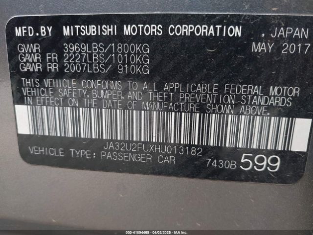 JA32U2FUXHU013182 Mitsubishi Lancer Le