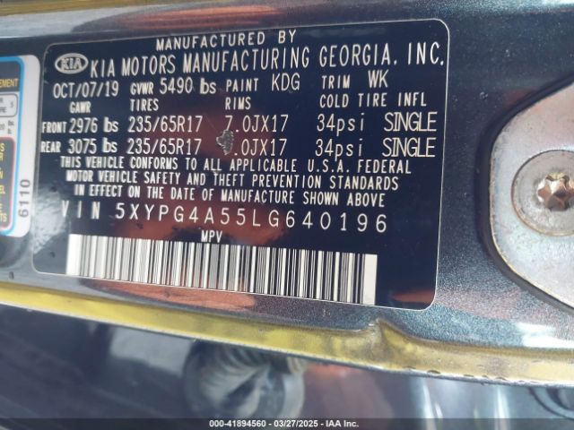 5XYPG4A55LG640196 KIA Sorento 3.3l Lx