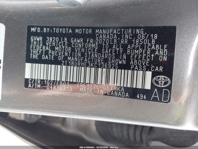 2T1BURHE3KC136925 Toyota COROLLA LE