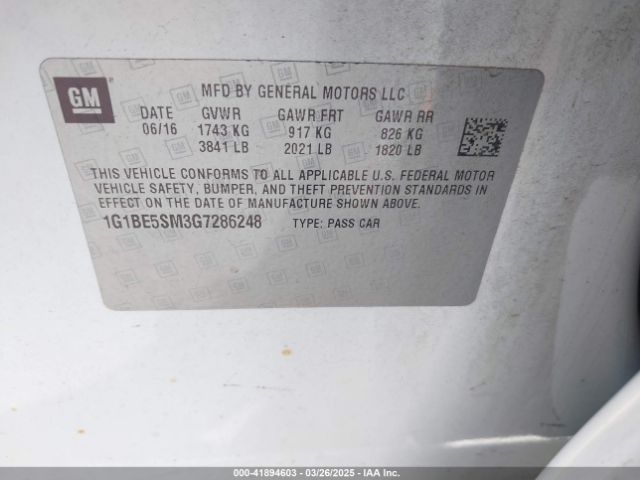 1G1BE5SM3G7286248 Chevrolet le2 - di: direct injection, alum, vvt, gen i, gmna