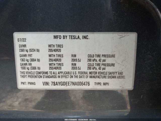 7SAYGDEE7NA006476 Tesla Model Y Long Range Dual Motor All-wheel Drive