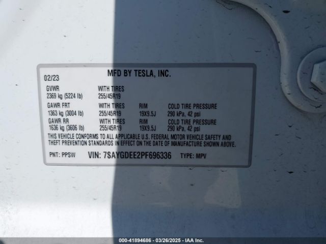 7SAYGDEE2PF696336 Tesla Model Y Awd/long Range Dual Motor All-wheel Drive
