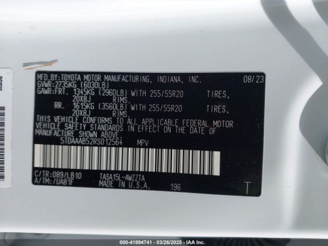 5TDAAAB52RS012564 Toyota Grand Highlander Platinum