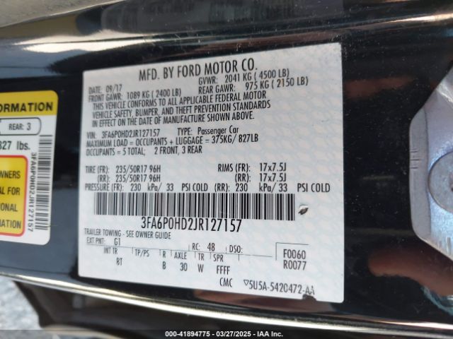 3FA6P0HD2JR127157 Ford FUSION SE
